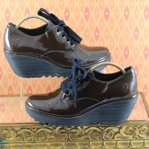 Fly London Chocolate Brown Patent Leather Wedges - Picture 7 of 16